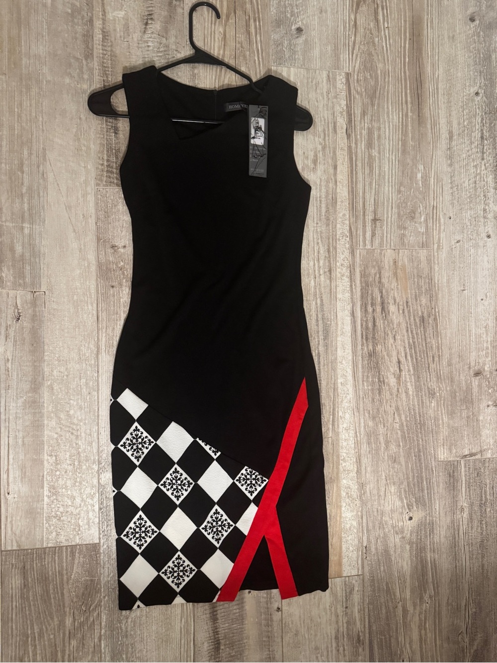 Black Sleeveless Sheath Dress with Checker and Red Accent